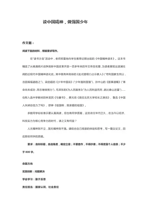 高中高考模拟作文：读中国精神,做强国少年