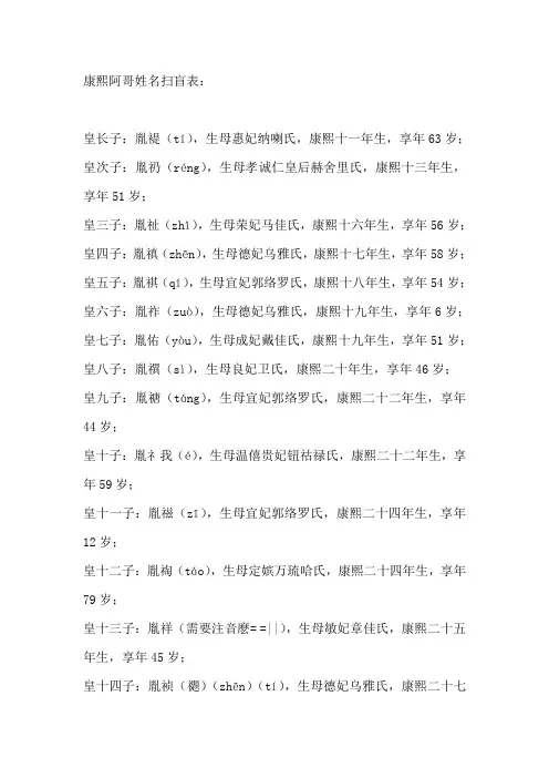 康熙阿哥姓名扫盲表