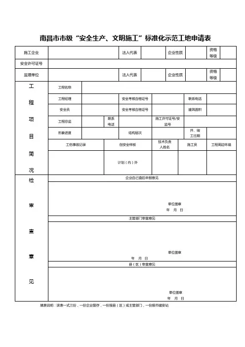南昌市市级安全生产、文明施工标准化示范工地申请表