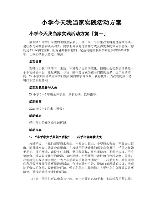 小学今天我当家实践活动方案
