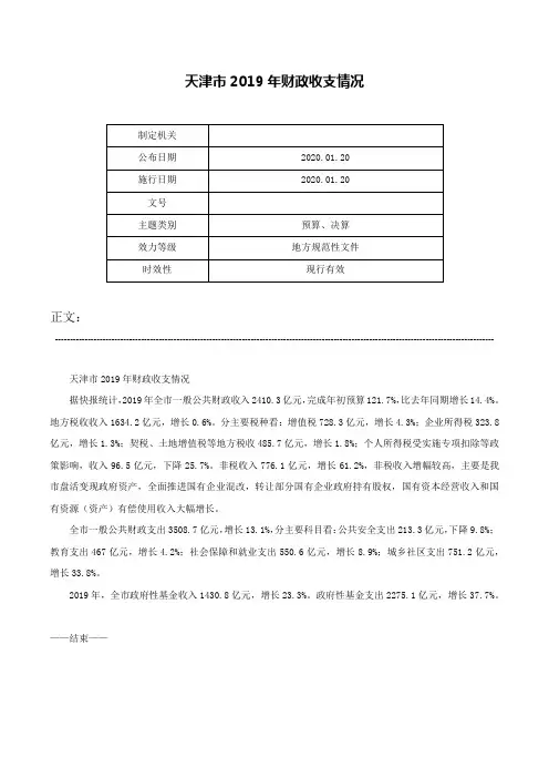 天津市2019年财政收支情况-