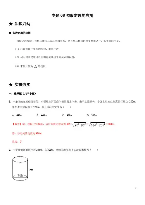 专题08 勾股定理的应用-2020-2021学年八年级数学下册常考题专练(人教版)(解析版)