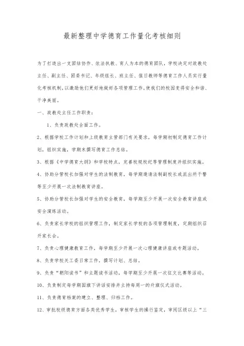 最新整理中学德育工作量化考核细则.docx