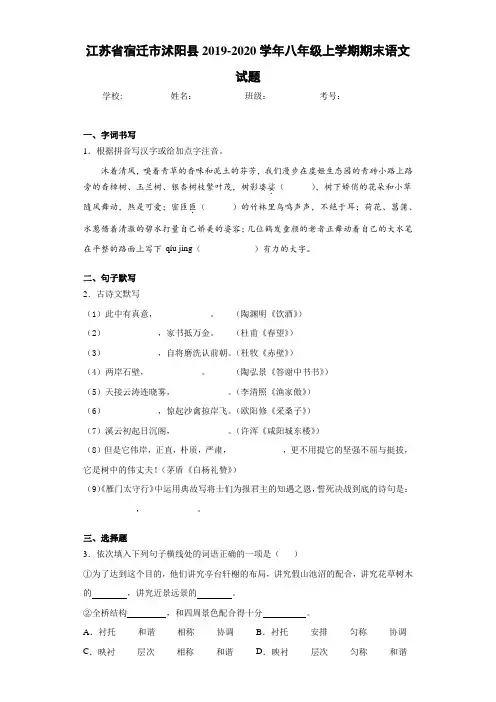 江苏省宿迁市沭阳县2020至2021学年八年级上学期期末语文试题