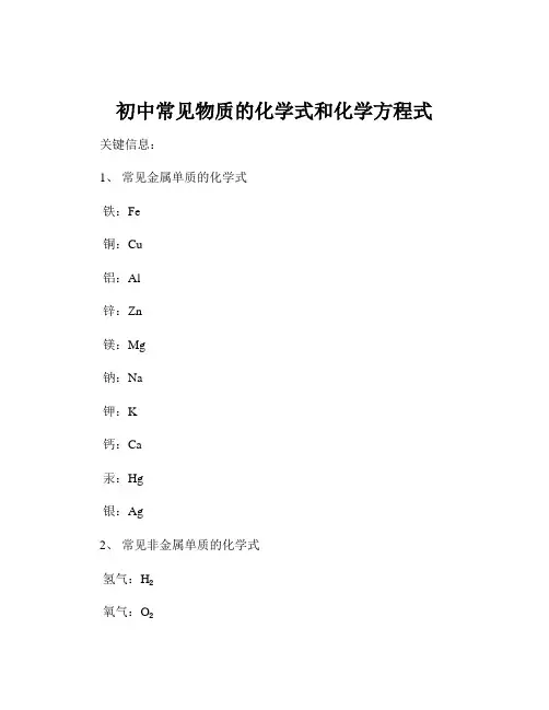 初中常见物质的化学式和化学方程式