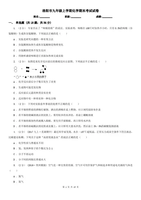 洛阳市九年级上学期化学期末考试试卷