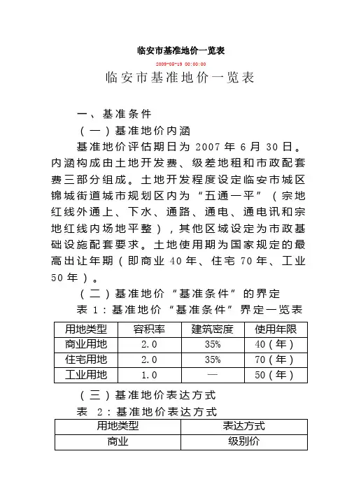 临安市基准地价一览表
