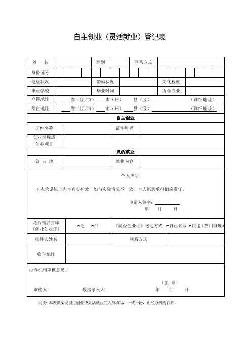 自主创业(灵活就业)登记表