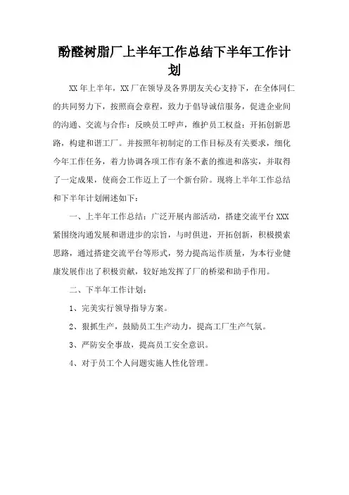 酚醛树脂厂上半年工作总结下半年工作计划