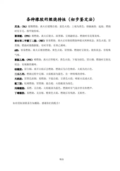 各种橡胶的燃烧特性(初步鉴定法)
