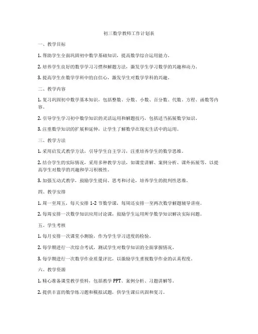 初三数学教师工作计划表