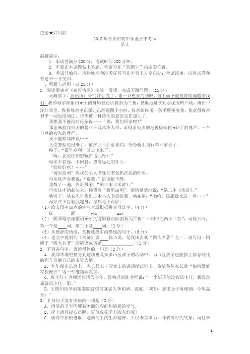 山东省枣庄市2018年中考语文试题及答案