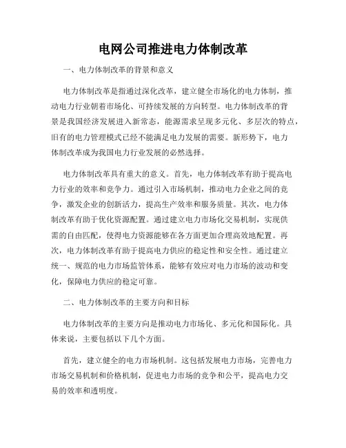 电网公司推进电力体制改革