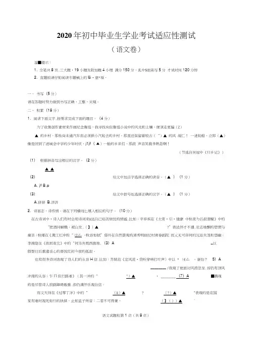 浙江省绍兴市越城区2020届中考适应性测试语文试题含答案