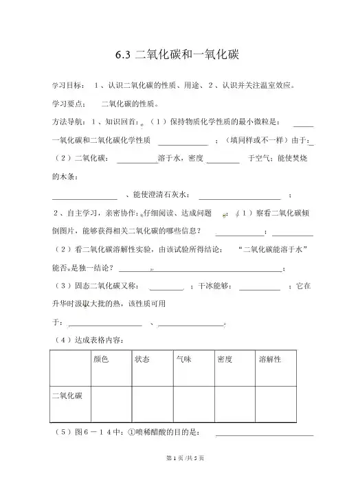 新人教版九年级上册化学《二氧化碳和一氧化碳(第一课时)》导学案