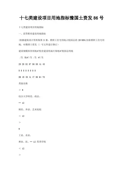 十七类建设项目用地指标豫国土资发86号