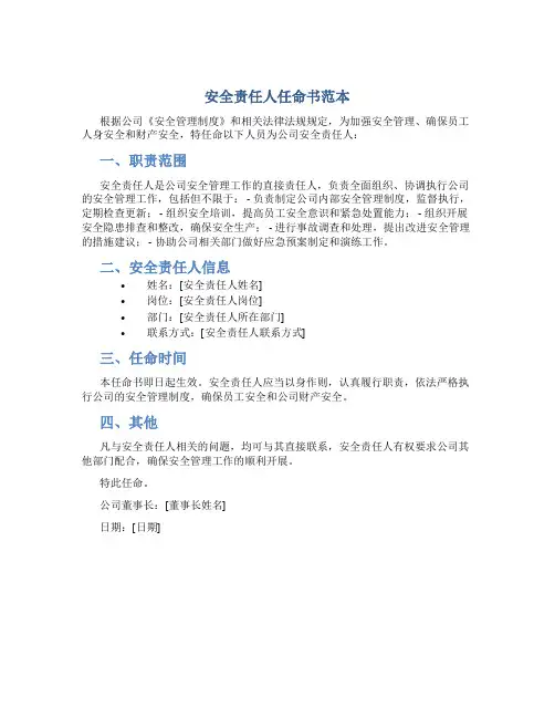 安全责任人任命书范本