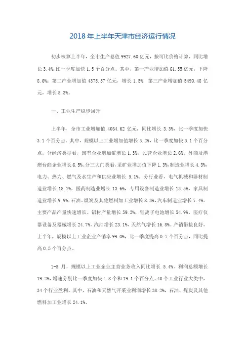 2018年上半年天津市经济运行情况