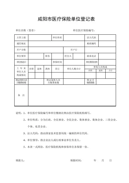 咸阳医疗保险单位登记表