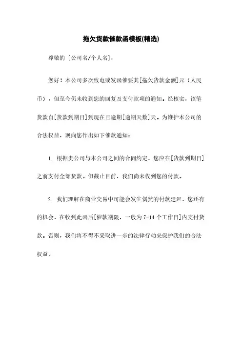 拖欠货款催款函模板(精选)