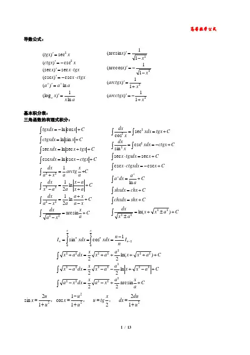 高等数学考试必备公式大全