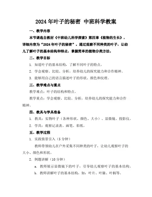 2024年叶子的秘密 中班科学教案