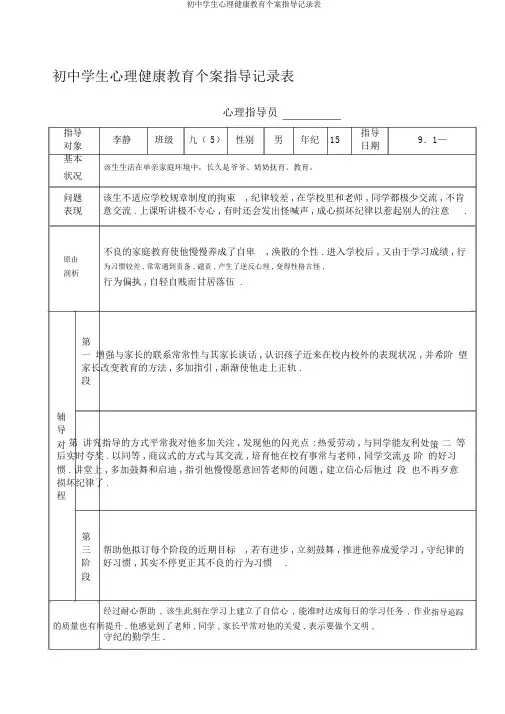 初中学生心理健康教育个案辅导记录表