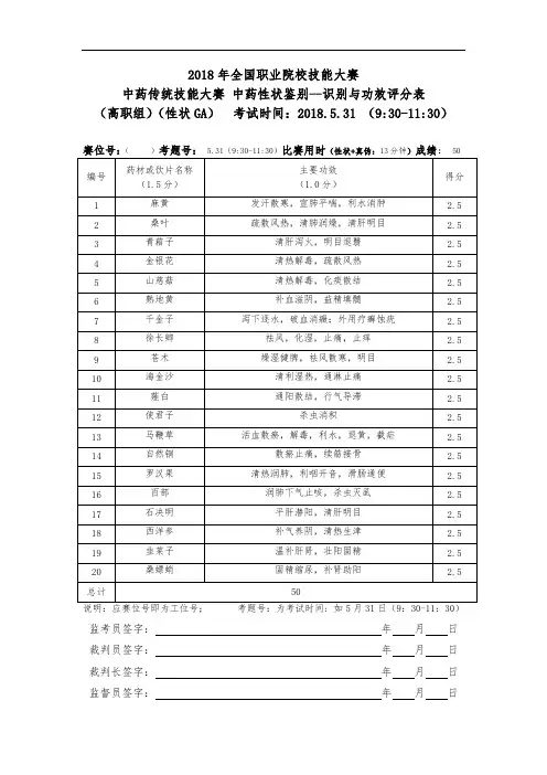 2018 高职 中药传统技能 中药性状与真伪 试卷-1套-答案