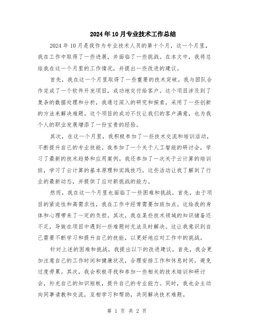 2024年10月专业技术工作总结