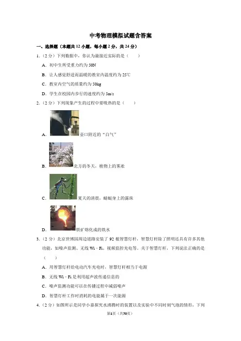 2020年初三中考物理模拟试题(含答案)