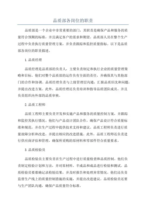 品质部各岗位的职责