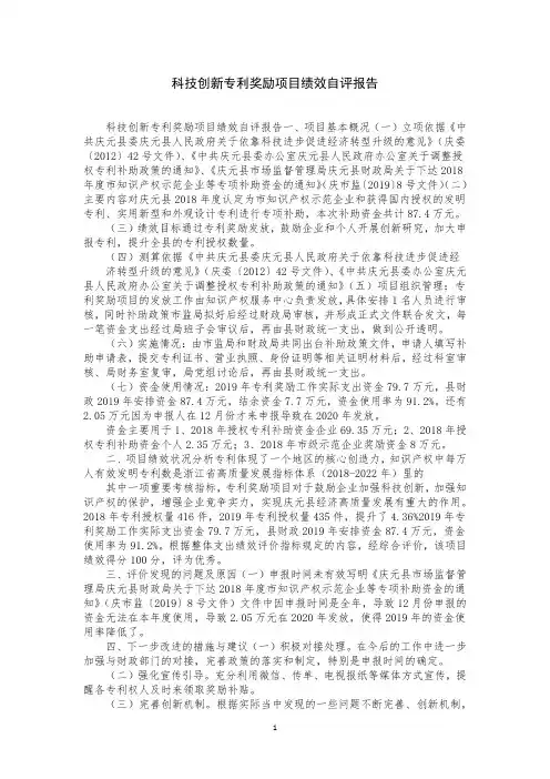 科技创新专利奖励项目绩效自评报告