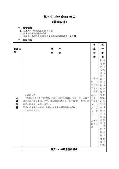 初中生物_神经系统的组成教学设计学情分析教材分析课后反思