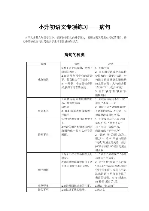 小升初语文专项练习：修改病句
