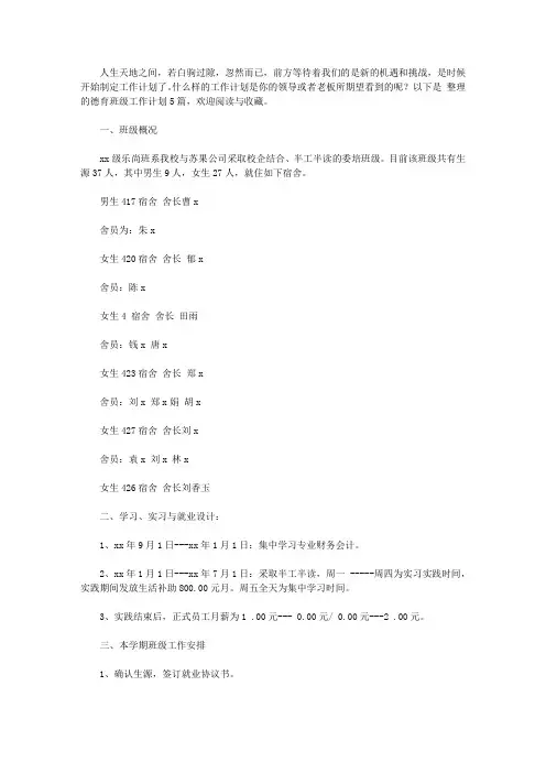2020德育班级工作计划集锦5篇