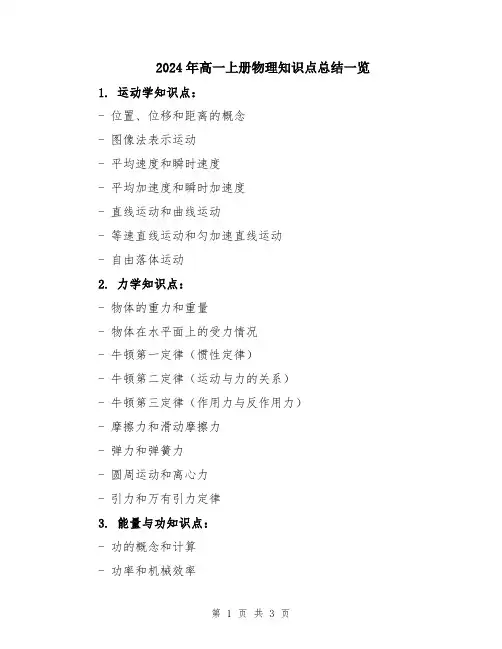 2024年高一上册物理知识点总结一览