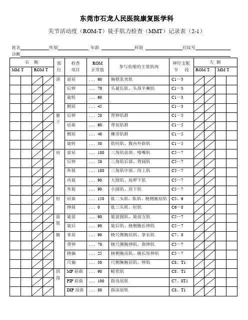 关节活动度(ROM-T)徒手肌力检查(MMT)记录表