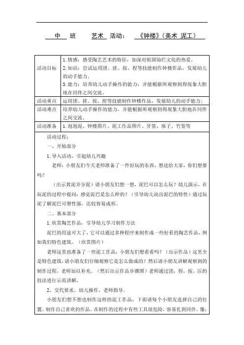 幼儿园本土文化教案——中班美术《钟楼》泥塑