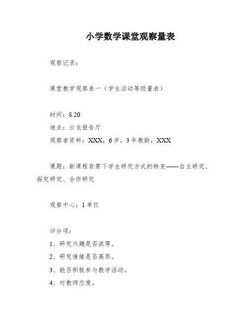小学数学课堂观察量表