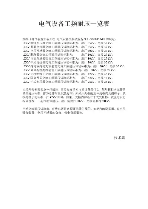 电气设备工频耐压一览表