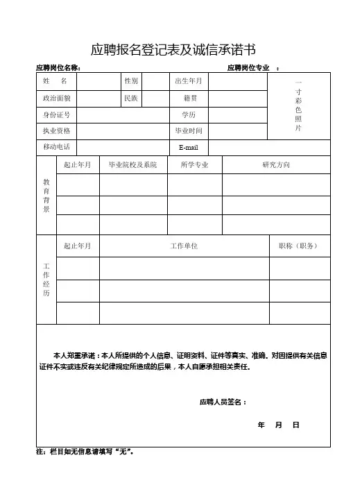 应聘报名登记表及诚信承诺书【模板】