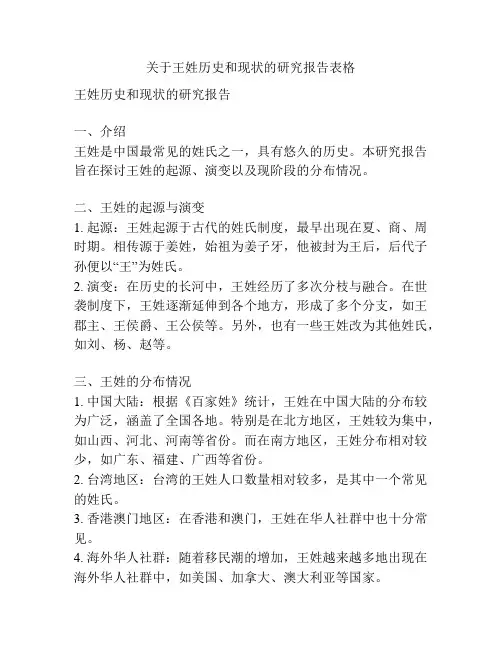 关于王姓历史和现状的研究报告表格