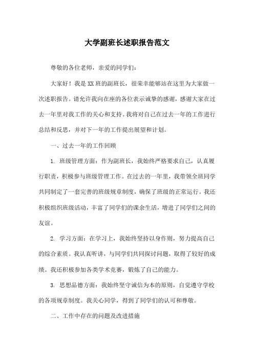 大学副班长述职报告范文