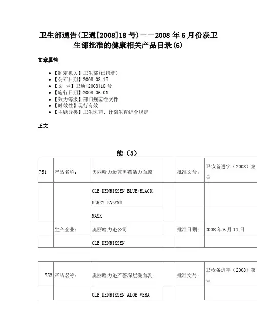 卫生部通告(卫通[2008]18号)－－2008年6月份获卫生部批准的健康相关产品目录(6)