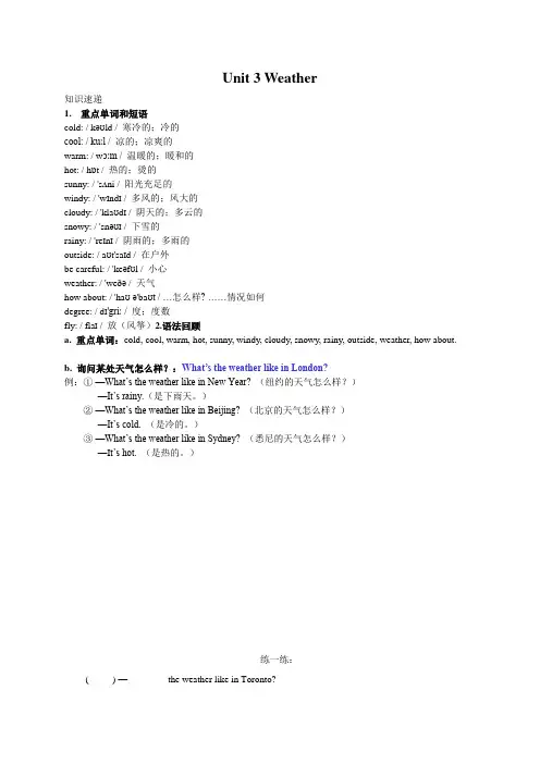 四年级下册英语试题-Unit 3 Weather重点知识总结及训练(单词短语,语法突破) 人教PEP版 无答案