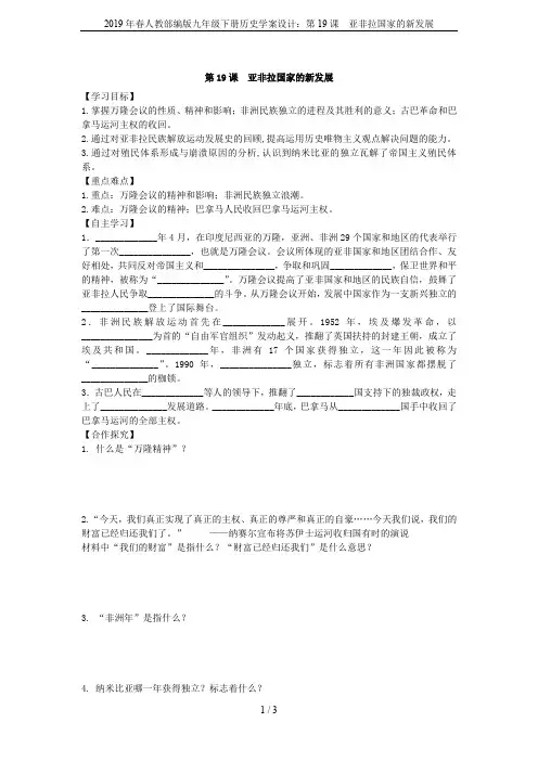 2019年春人教部编版九年级下册历史学案设计：第19课  亚非拉国家的新发展