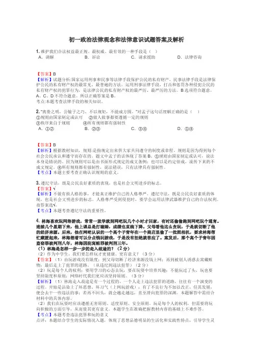 初一政治法律观念和法律意识试题答案及解析
