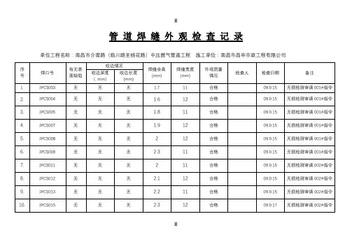 管道焊缝外观检查记录