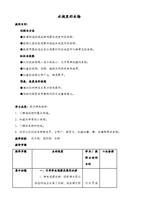 苏教版六年级科学上册：《1.1.水滴里的生物》教案(2)【精品】