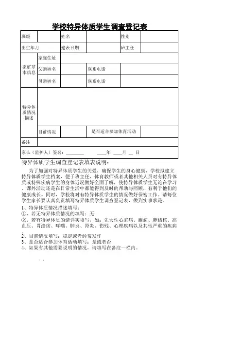 学校特异体质学生调查登记表